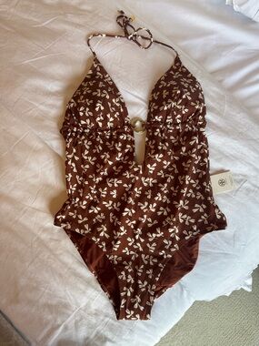 Tory Burch Brown One-Piece Swimsuit with Cream Floral Print